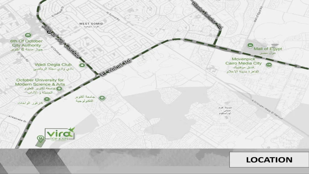 Vira October Gardens - إطلالة متكاملة لكمبوند فيرا حدائق أكتوبر من شركة توب كابي، تظهر مدخل المشروع ومنطقة اللاندسكيب وحمام السباحة المركزي ومنطقة ألعاب الأطفال الملونة.
