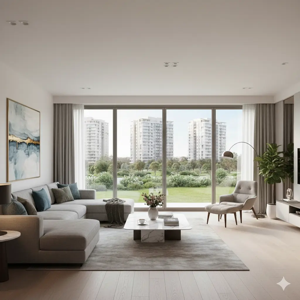 تصميم داخلي أنيق لوحدة سكنية في كمبوند ميرا بدر سيتي، يظهر غرفة معيشة عصرية مطلة على مساحات خضراء واسعة وعمارات المشروع، مع نوافذ بانورامية تتيح دخول الضوء الطبيعي وتوفر إطلالة مريحة
