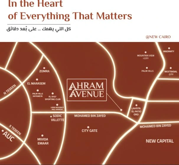 خريطة موقع كمبوند أهرام أفينيو التجمع الخامس في الحي الثامن، توضح قربه الشديد من محور محمد بن زايد وكمبوند لافيستا وحدود العاصمة الإدارية الجديدة.