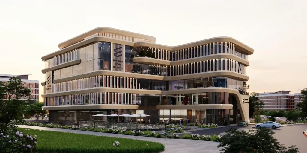 "الواجهة الخارجية الفاخرة لـ مول كوين بارك العاصمة الإدارية Mall Queen Park New Capital بتصميم زجاجي عصري في الحي الثامن R8"