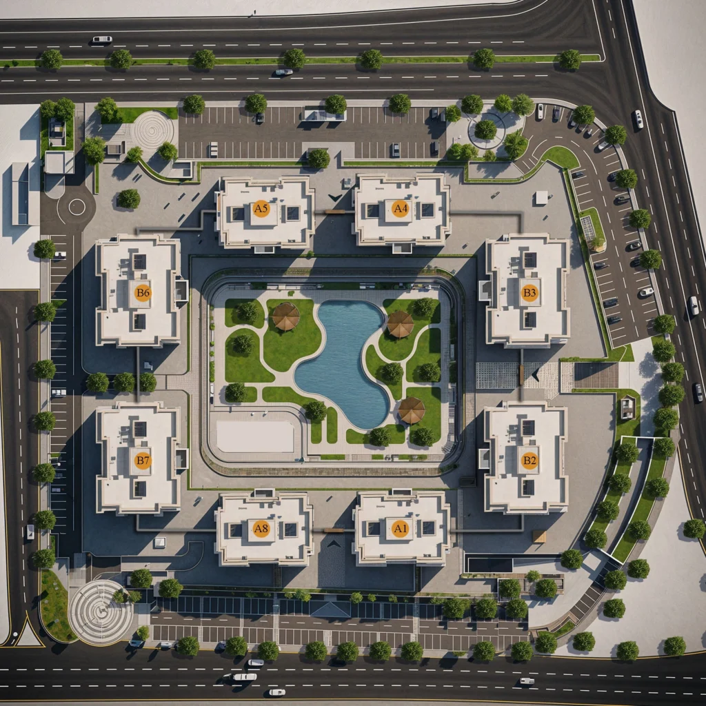 المخطط العام (Master Plan) لكمبوند Eleven Residence يوضح توزيع الـ 8 عمارات.