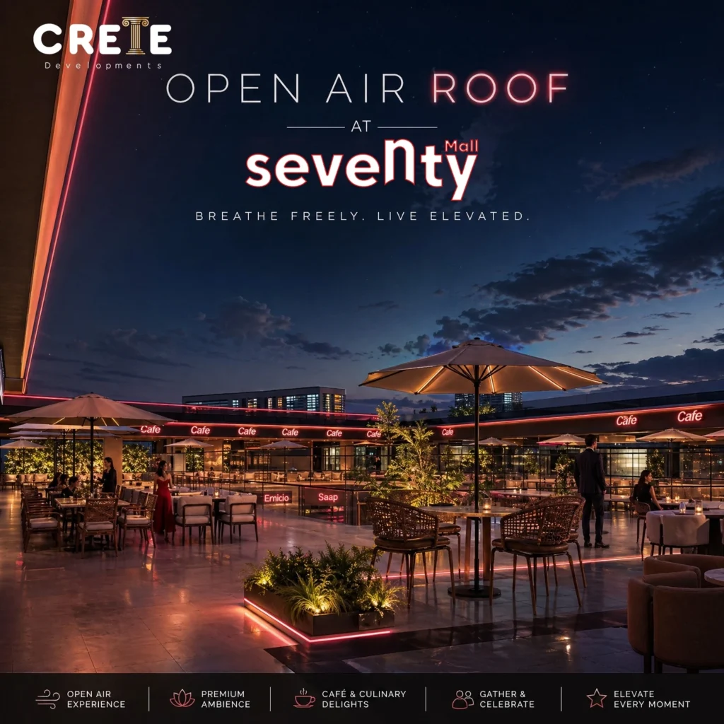 منطقة Sky Roof ومطاعم في الدور الثاني بمول سيفينتي العبور.